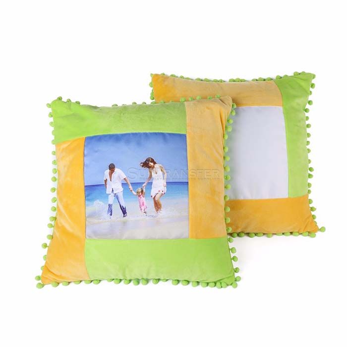 Sublimation Flannel Pillow Cover With Green Fluffy Ball 