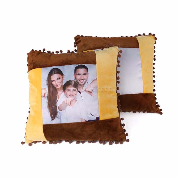 Sublimation Flannel Pillow Cover With Brown Fluffy Ball 