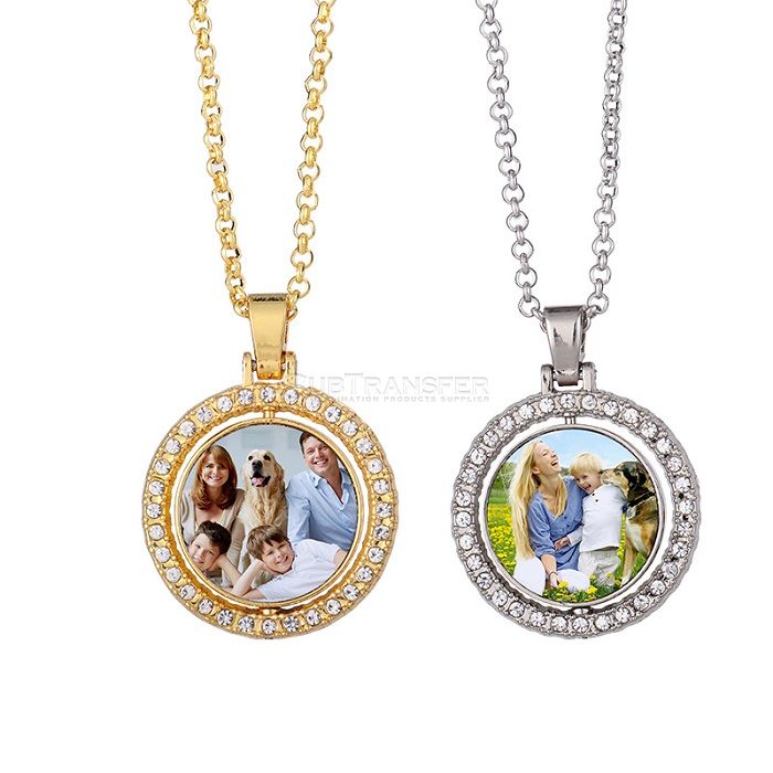 Sublimation Double-sided Rotary Patch Metal Jewelry Necklace Round Pendant With Diamond