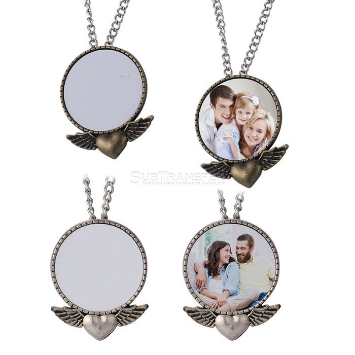 Sublimation Lovers Retro Love Wings Round Bonzed Necklace 